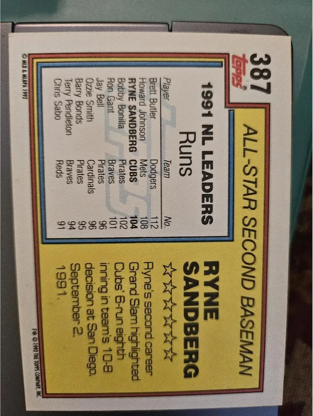 1992 Topps #387 Ryne Sandberg Chicago Cubs